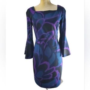 Trina Turk Miley Garden Bell Sleeve Sheath Dress Women's Size 2 Purple & Blue